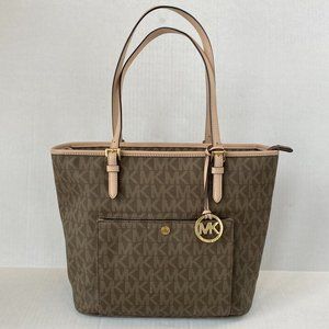 Michael Kors Brown Tan Leather Logo Zip Top Tote Handbag NWOT Excellent Cond